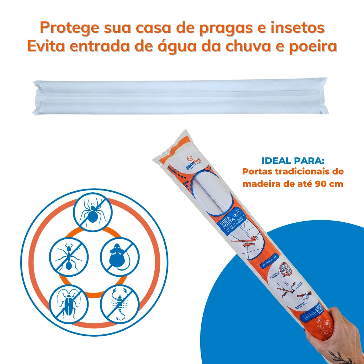 Protetor Rolinho Veda Porta Tradicional Impermeável Branco Ideal Portas Tradicional Madeira até 90cm