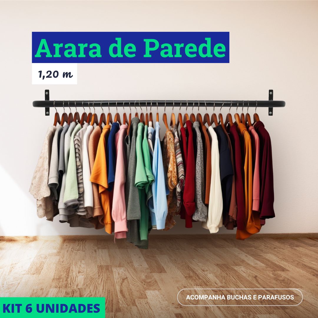 Arara de Parede para Closet ou Loja Kit 6un - 1,2m em Aço Carbono Reforçado