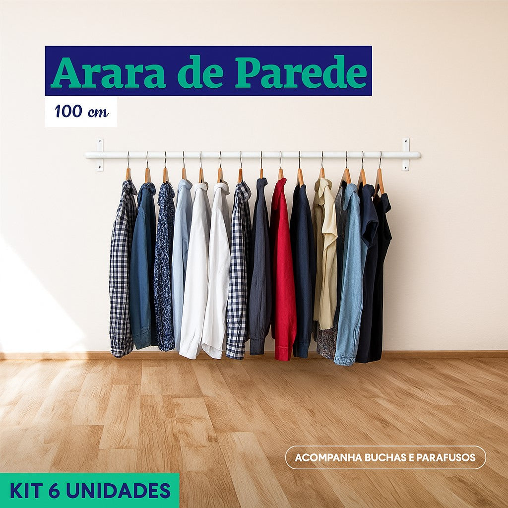 Arara de Parede para Closet ou Loja Kit 6un - 1m/Aço Carbono Reforçado - Branco