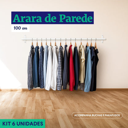 Arara de Parede para Closet ou Loja Kit 6un - 1m/Aço Carbono Reforçado - Branco