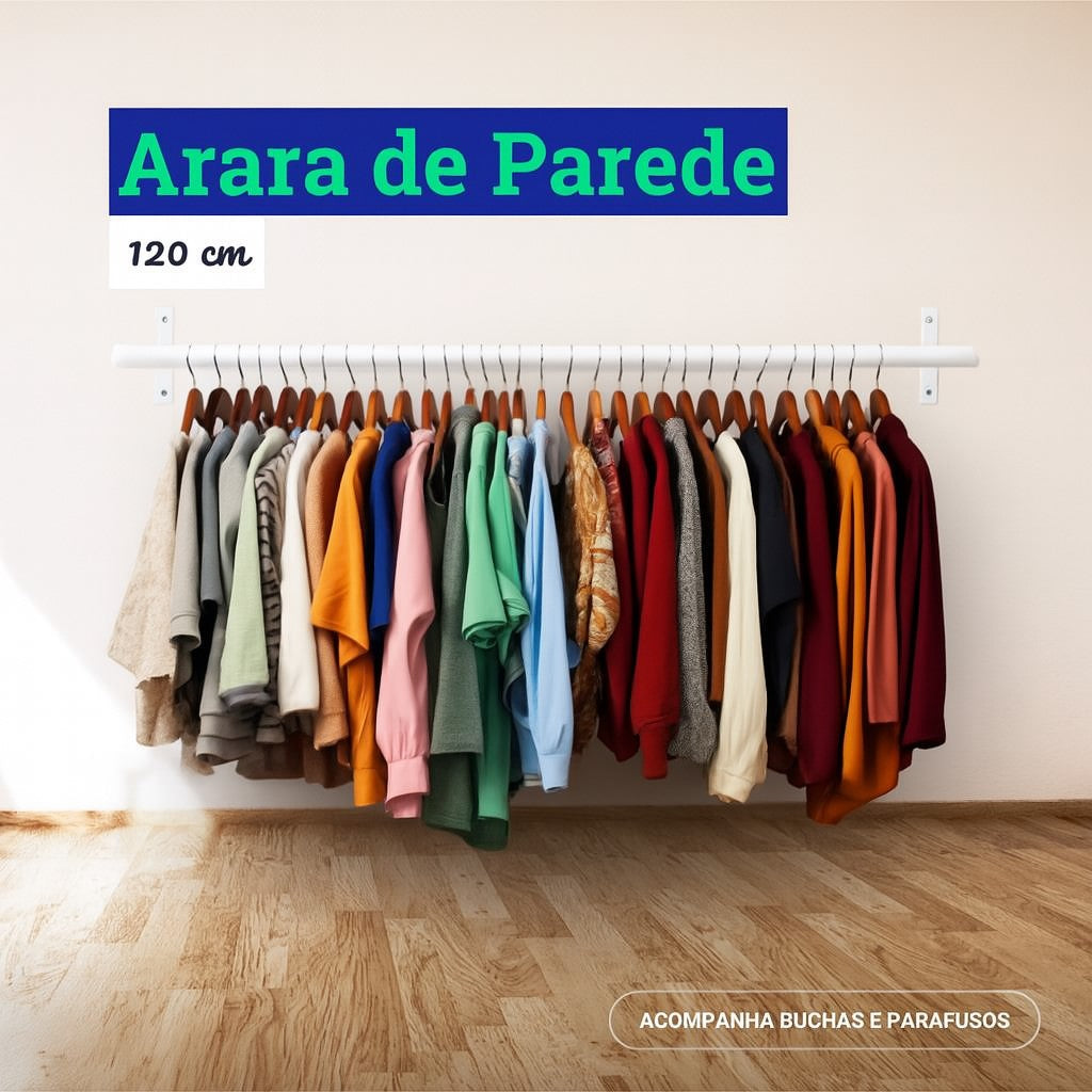 Arara de Parede para Closet ou Loja - 1,2m - Aço Carbono Reforçado Branco