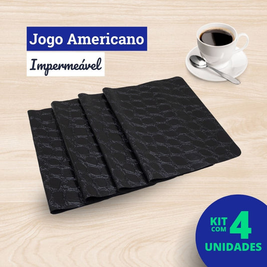 Jogo Americano Impermeável 4 Peças em Corino Limpa Fácil Preto