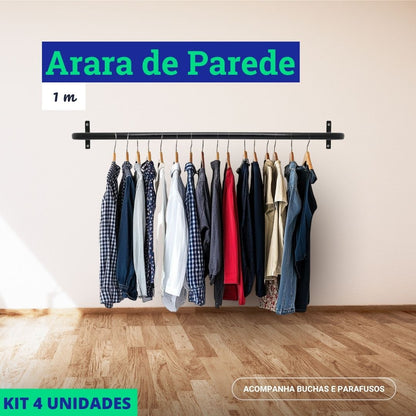 Arara de Parede para Closet ou Loja Kit 4un - 1m em Aço Carbono Reforçado
