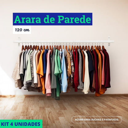 Arara de Parede para Closet ou Loja Kit 4un - 1m em Aço Carbono Reforçado