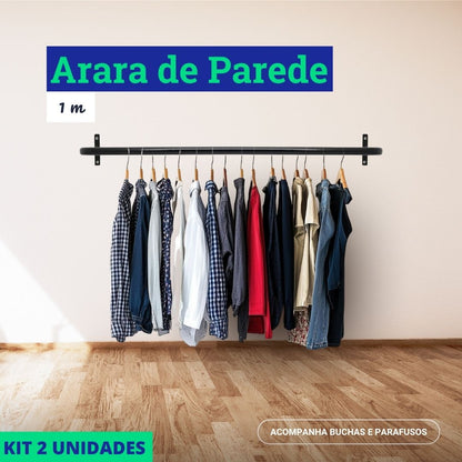 Arara de Parede para Closet ou Loja Kit 2un - 1m em Aço Carbono Reforçado