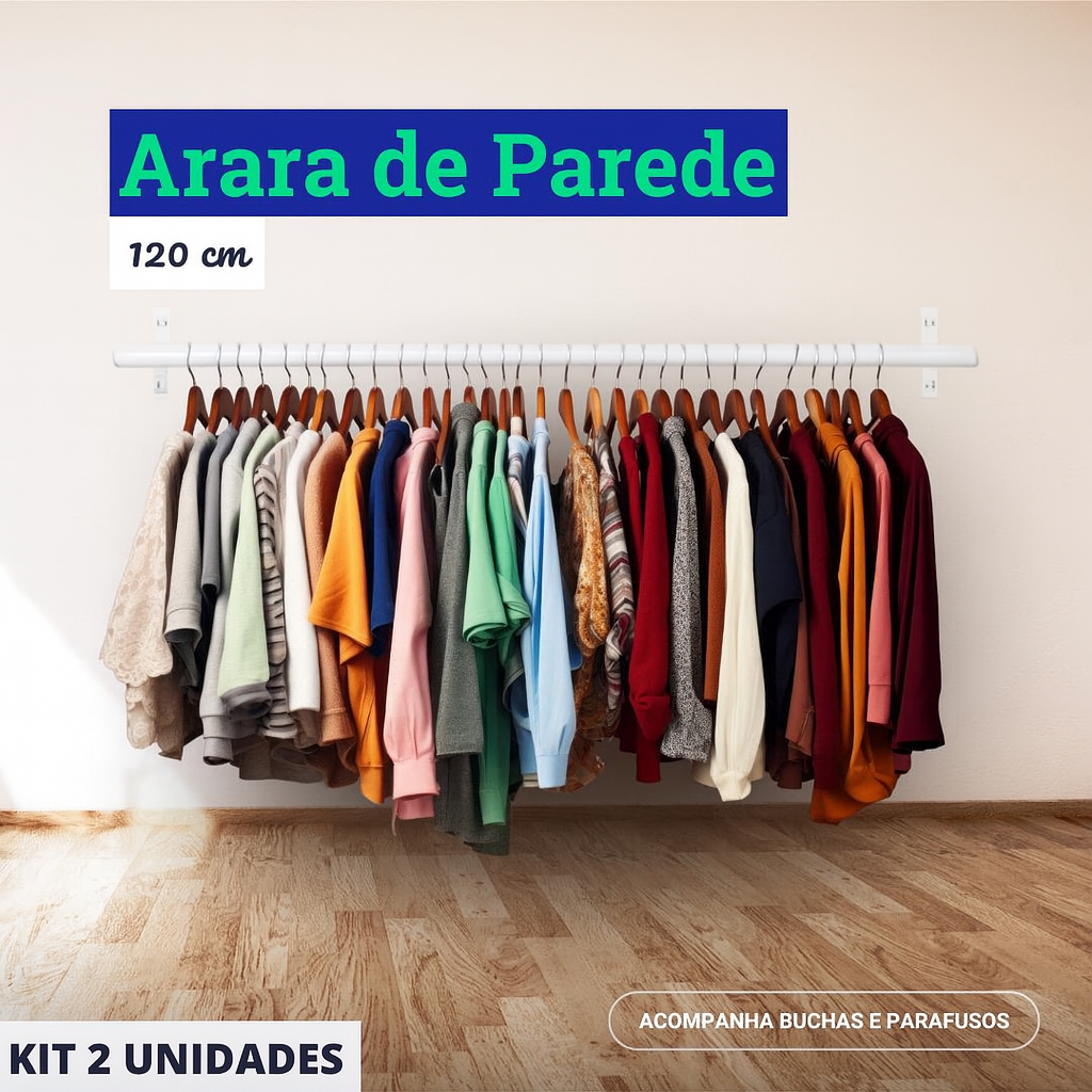 Arara de Parede para Closet ou Loja Kit 2un - 1,2m/Aço Carbono Reforçado - Branco