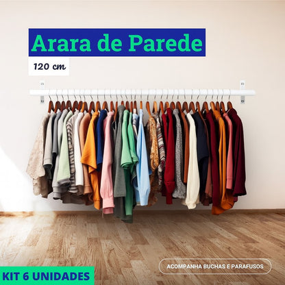 Arara de Parede para Closet ou Loja Kit 6un - 1,2m/Aço Carbono Reforçado - Branco