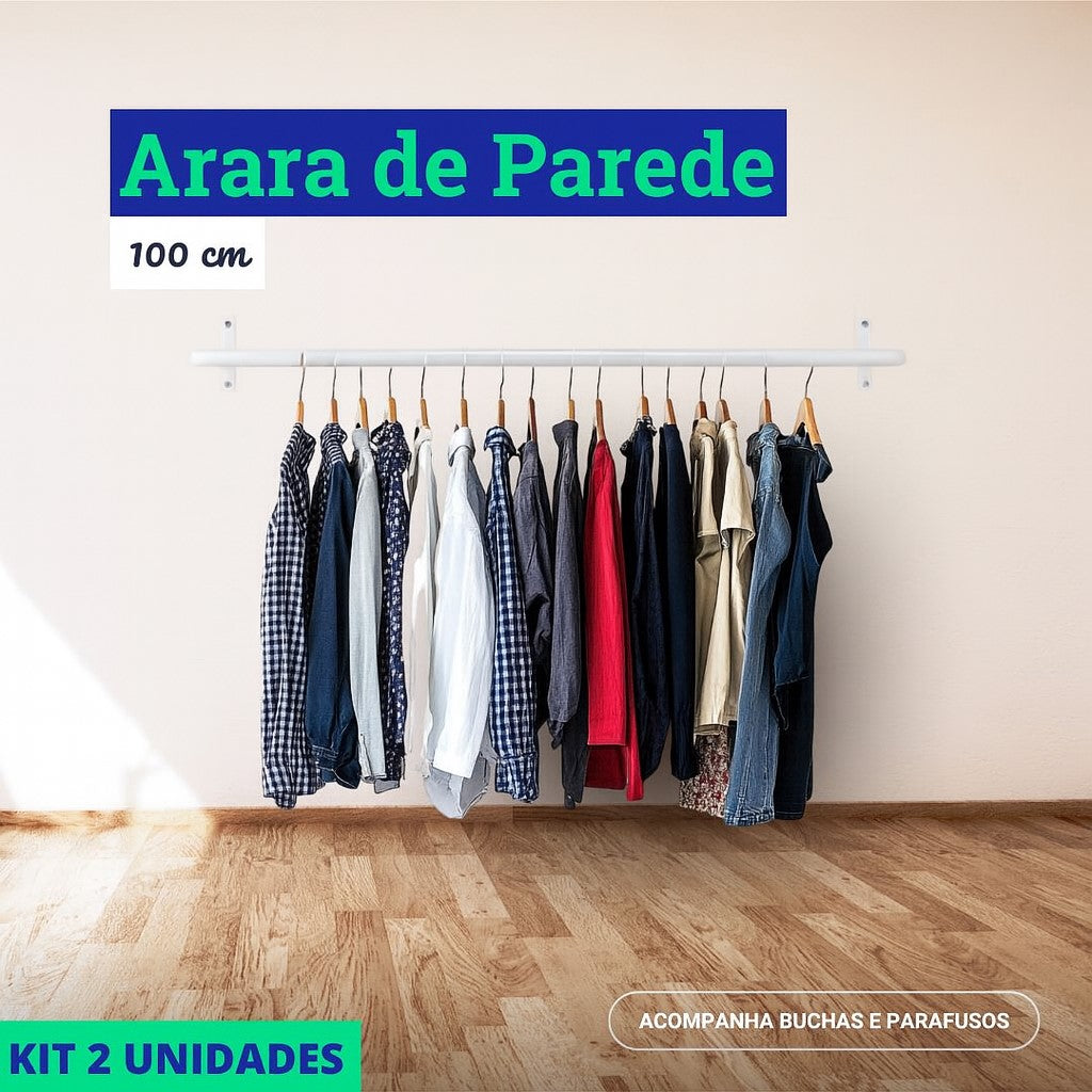 Arara de Parede para Closet ou Loja Kit 2un - 1m/Aço Carbono Reforçado - Branco