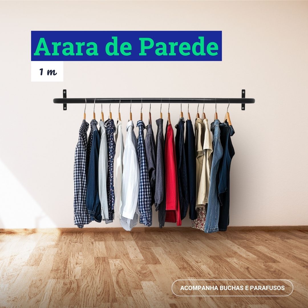 Arara de Parede para Closet ou Loja - 1m em Aço Carbono Reforçado