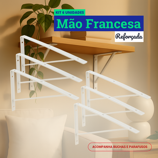 Mão Francesa Kit 6 Unidades 30 CM - Acompanha Buchas e Parafusos - Branco