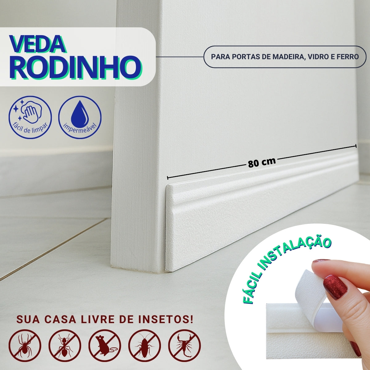 Protetor contra insetos veda porta rodinho adesivo 80 cm - Branco